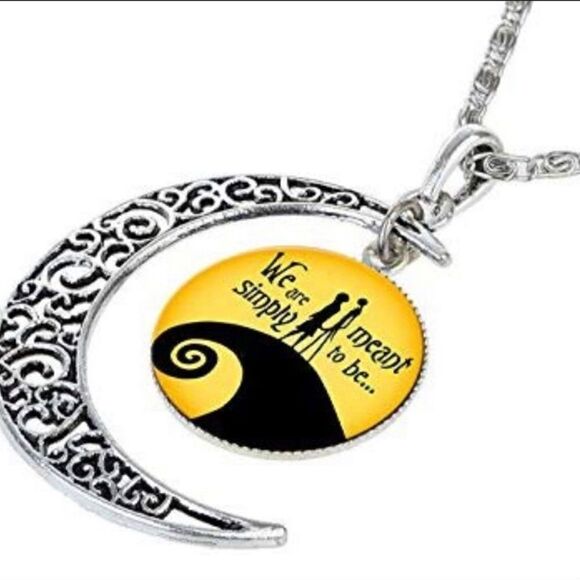 Nightmare Before Christmas Jack and Sally Crescent Moon Dangle Charm Necklace - Picture 1 of 10